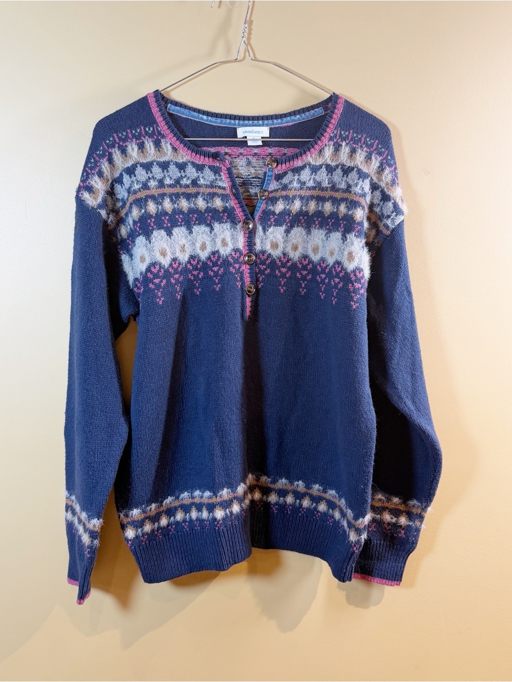 Sundance Women’s Small Blue Fair Isle Knit Button Front Henley Sweater
